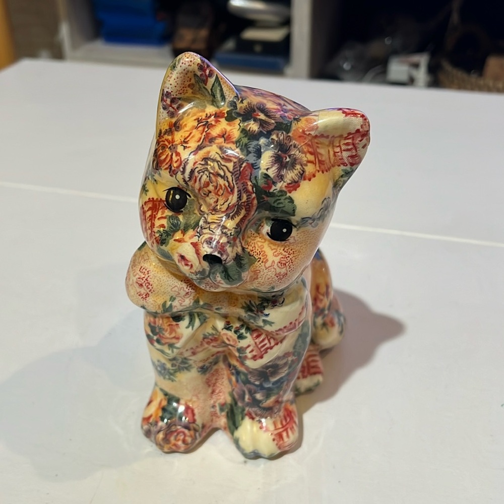 Vintage Joan Baker Designs Patchwork Cat Figurine Porcelain Floral and Lace